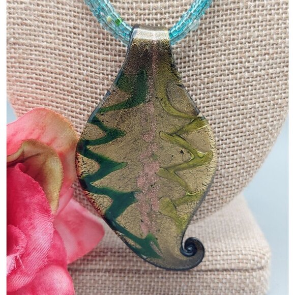 Multi Strand Tiny Blue Glass Seed Bead Necklace Art Glass Gold Foil Pendant 21" - Picture 3 of 7